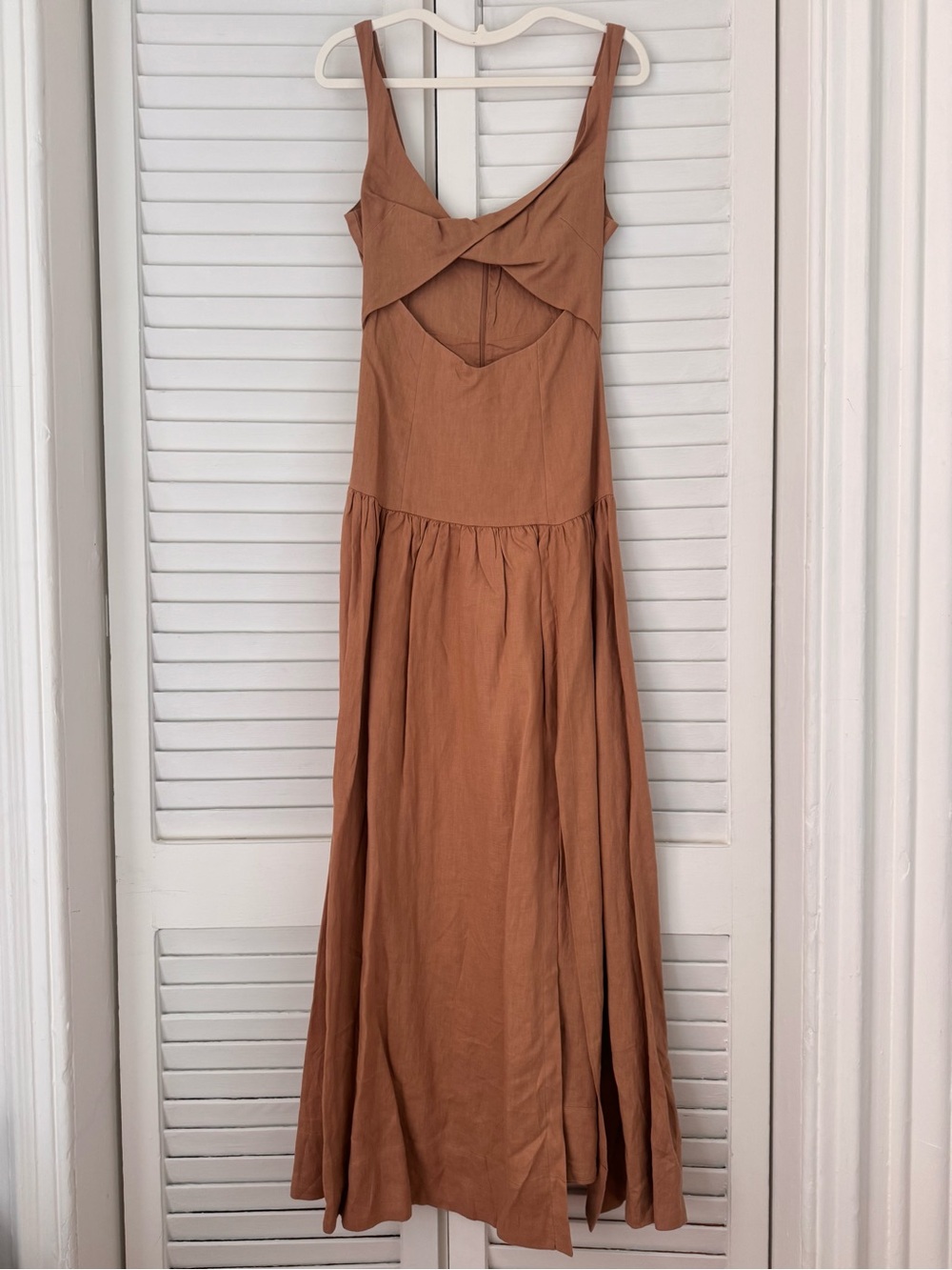 bec + bridge Linen Twist Maxi Dress with Cutout in Tan / Brown
